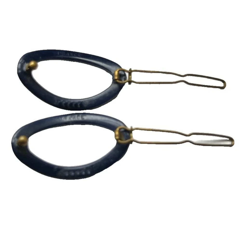 Vintage France Navy Oval Hair Clips Matching Pair 1970s Mod Open Barrette Set